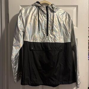 Metallic Silver and Black Hooded Windbreaker